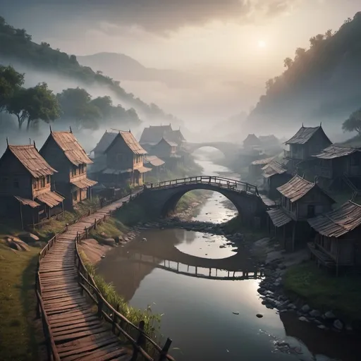 Prompt: small settlement, foggy, rupsha bridge and Rupsha River, dramatic fantasy settlement scene, cinematic lighting