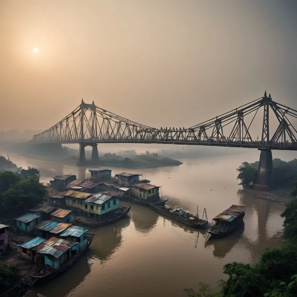 Prompt: small settlement, foggy, Howrah bridge and Hooghly River, dramatic fantasy settlement scene, cinematic lighting