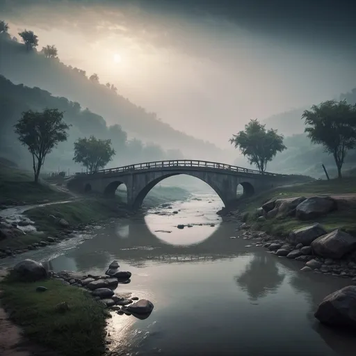 Prompt: foggy, rupsha bridge and Rupsha River, dramatic fantasy settlement scene, cinematic lighting