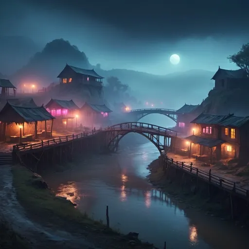 Prompt: small settlement, neon foggy, rupsha bridge and Rupsha River, dramatic fantasy settlement scene, cinematic lighting