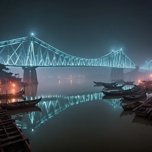 Prompt: small settlement, neon foggy, Howrah bridge and Hooghly River, dramatic fantasy settlement scene, cinematic lighting