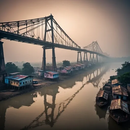 Prompt: small settlement, foggy, Howrah bridge and Hooghly River, dramatic fantasy settlement scene, cinematic lighting