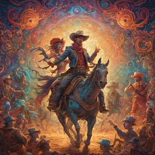 Prompt: Cowboy and DMT Machine elves dancing around cowboy, mystical, vibrant colors, surreal, high quality, digital art, psychedelic, whimsical, glowing patterns, intricate details, energetic atmosphere, otherworldly lighting, vibrant, detailed, psychedelic, whimsical, mystical, digital art, surreal, energetic, vibrant colors, intricate details, high quality