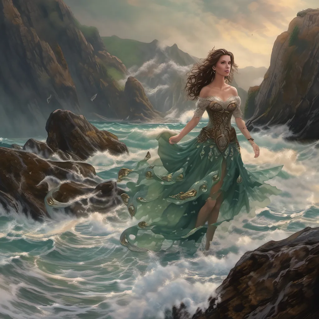 Prompt: <mymodel>Siren on rocky shore, crashing waves, alluring singing, detailed hair and scales, mythical creature, highres, captivating, enchanting, oceanic hues, dramatic lighting, fantasy art, detailed eyes, professional, atmospheric lighting