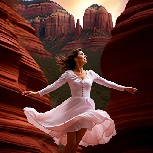 Prompt: <mymodel>Close up of woman levitating, flying over Sedona, dreamy, mysterious, introspective, highres, detailed, ethereal glow, surrealism, mysterious depths, surreal landscape, levitation, detailed facial features, mystical, otherworldly, red rock formations, mystical aura, vibrant colors, high-quality, dream-like, ethereal lighting