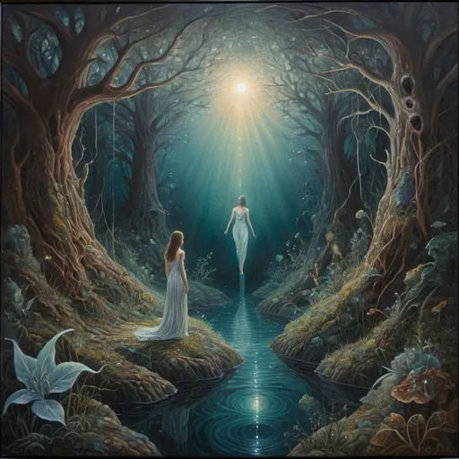 Prompt: Mysterious, surreal self-exploration in nature, oil painting, ethereal glow, intricate details, high quality, surrealism, dreamlike, deep introspection, nature's mystery, unknown depths, self-discovery, surreal lighting, oil painting, surreal, dreamy, mysterious, introspective, highres, detailed, ethereal glow, surrealism, mysterious depths