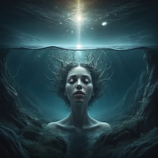 Prompt: the unknown depth of the self calls out to the unknown depth in the nature of things,  surreal, dreamy, mysterious, introspective, highres, detailed, ethereal glow, surrealism, mysterious depths