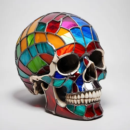 Prompt: colorful stained glass human skull, side view from above