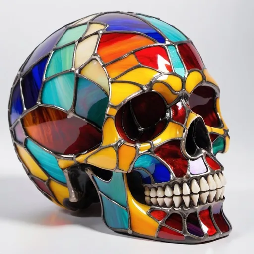 Prompt: Colorful stained glass human skull, vibrant colors, detailed glasswork, high quality, side view from above, artistic medium, colorful, vibrant, stained glass, detailed, side view, high quality, skull, human, colorful, glasswork