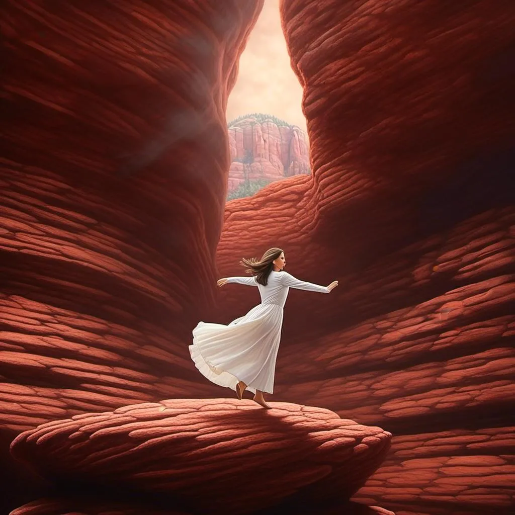 Prompt: <mymodel>woman levitating over Sedona Red Rock, dreamy, mysterious, introspective, highres, detailed, ethereal glow, surrealism, mysterious depths