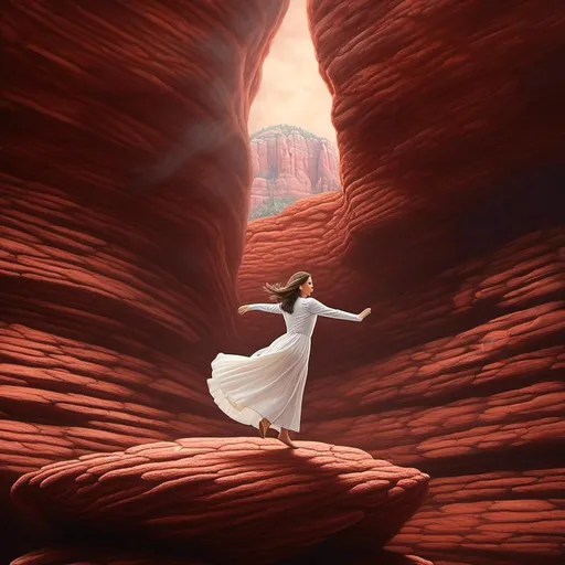 Prompt: <mymodel>woman levitating over Sedona Red Rock, dreamy, mysterious, introspective, highres, detailed, ethereal glow, surrealism, mysterious depths