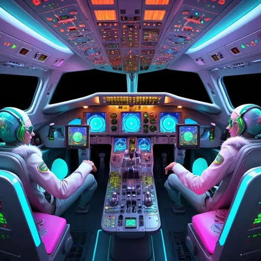 Prompt: dancing DMT machine elves, Boeing 787 cockpit professional 3D rendering, vibrant and surreal, detailed pilots, glowing neon accents, high quality, futuristic, whimsical dance, surreal lighting, aircraft cabin, intricate details, vibrant colors, lively scene, surrealism, futuristic technology, professional 3D rendering