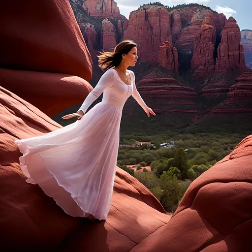 Prompt: <mymodel>Close up of woman levitating over Sedona, dreamy, mysterious, introspective, highres, detailed, ethereal glow, surrealism, mysterious depths, surreal landscape, levitation, detailed facial features, mystical, otherworldly, red rock formations, mystical aura, vibrant colors, high-quality, dream-like, ethereal lighting