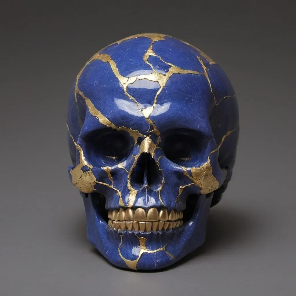 Prompt: fractured lapis skull, repaired with gold, and silver Kintsugi