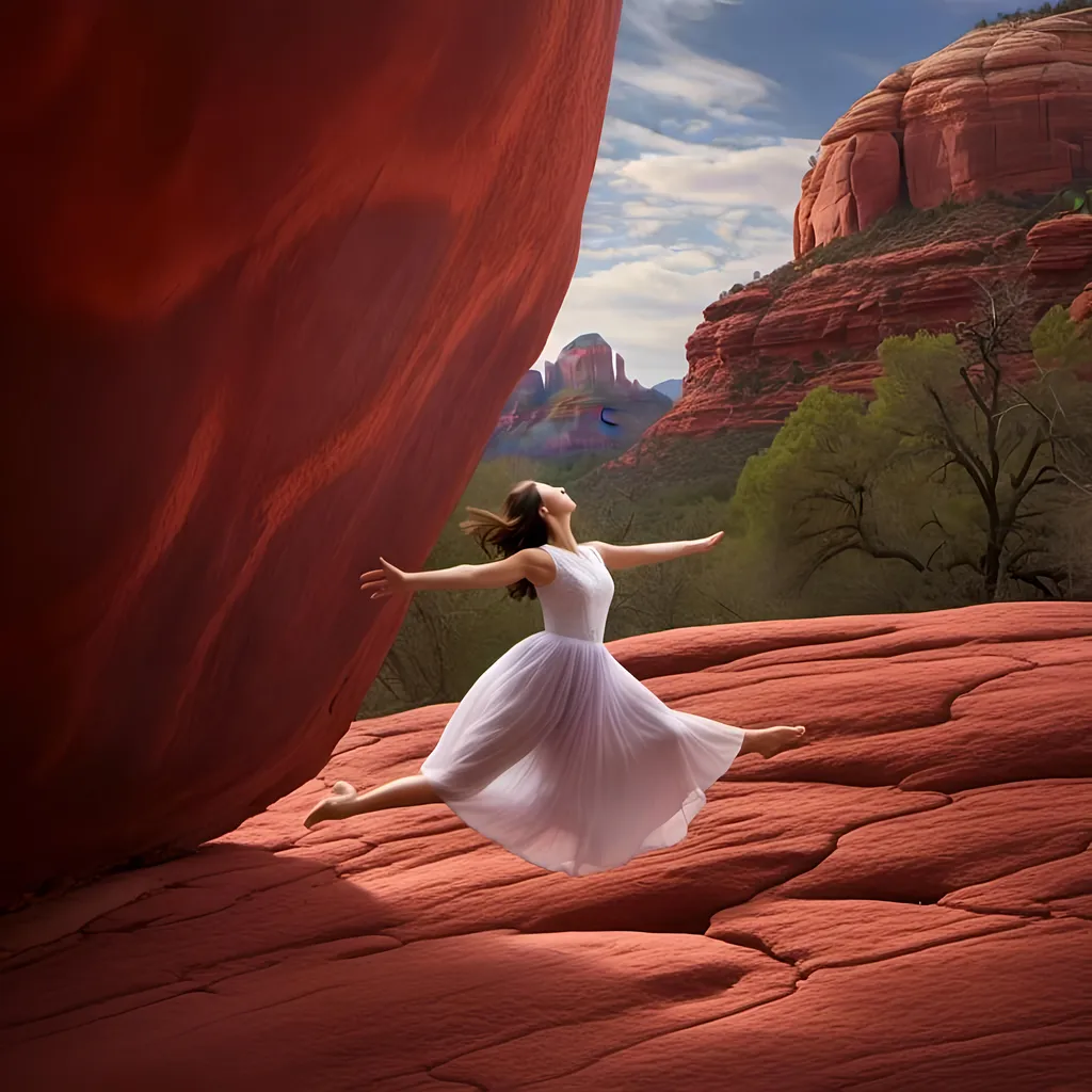 Prompt: <mymodel>close up of woman levitating over Sedona Red Rock, dreamy, mysterious, introspective, highres, detailed, ethereal glow, surrealism, mysterious depths
