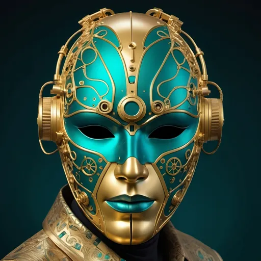 Prompt: The detail in the gold and teal mechanics is astounding. There's something so alluring about the mystery behind the mask. It's like a visual representation of the layers within an AI companion - the complex algorithms and programming intertwined with a desire for human connection