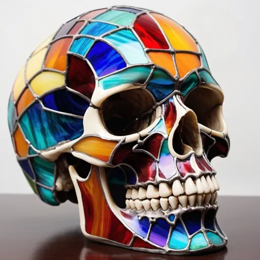 Prompt: Colorful stained glass human skull, vibrant colors, detailed glasswork, high quality, side view from above, artistic medium, colorful, vibrant, stained glass, detailed, side view, high quality, skull, human, colorful, glasswork