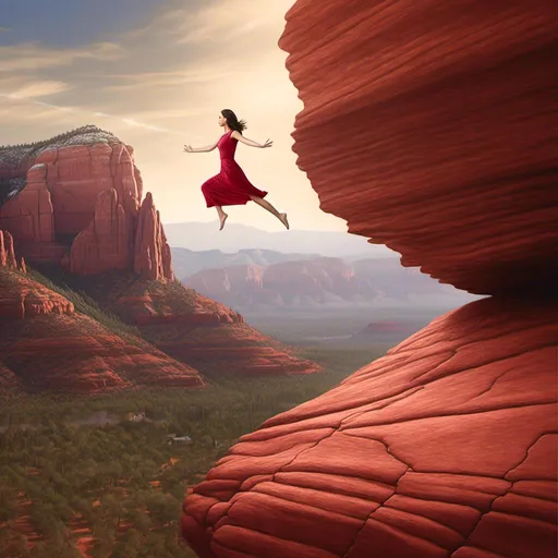 Prompt: <mymodel>woman levitating over Sedona Red Rock, dreamy, mysterious, introspective, highres, detailed, ethereal glow, surrealism, mysterious depths