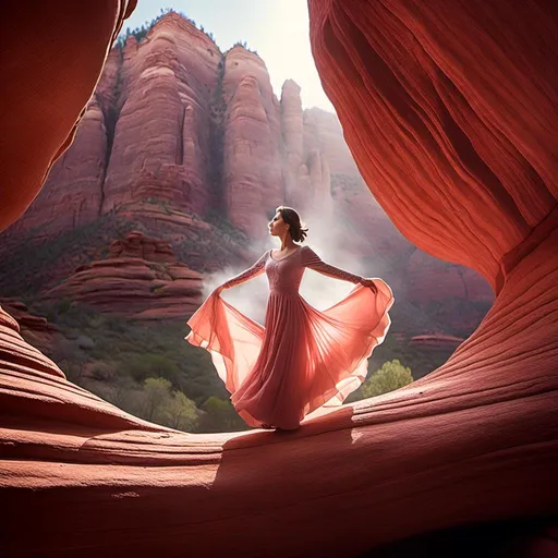 Prompt: <mymodel>Close up of woman levitating over Sedona, dreamy, mysterious, introspective, highres, detailed, ethereal glow, surrealism, mysterious depths, surreal landscape, levitation, detailed facial features, mystical, otherworldly, red rock formations, mystical aura, vibrant colors, high-quality, dream-like, ethereal lighting
