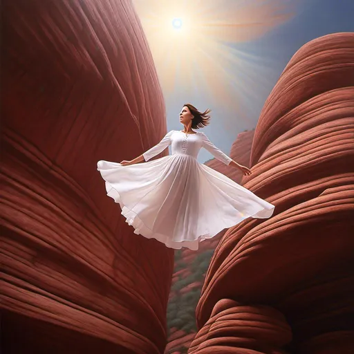 Prompt: <mymodel>Close up of woman levitating, flying over Sedona, dreamy, mysterious, introspective, highres, detailed, ethereal glow, surrealism, mysterious depths, surreal landscape, levitation, detailed facial features, mystical, otherworldly, red rock formations, mystical aura, vibrant colors, high-quality, dream-like, ethereal lighting