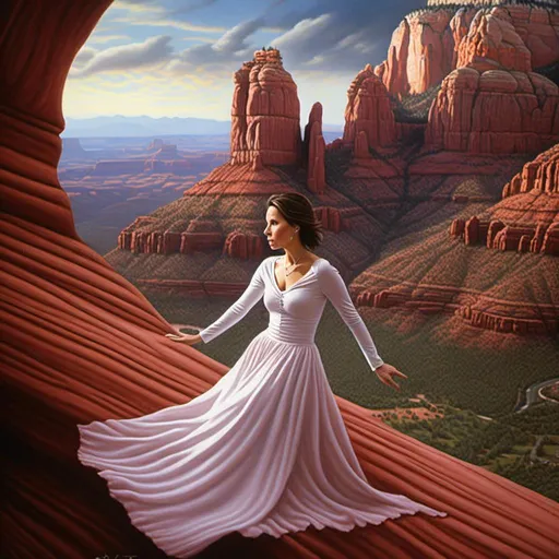 Prompt: <mymodel>Close up of woman (levitating) over Sedona, dreamy, mysterious, introspective, highres, detailed, ethereal glow, surrealism, mysterious depths, surreal landscape, levitation, detailed facial features, mystical, otherworldly, red rock formations, mystical aura, vibrant colors, high-quality, dream-like, ethereal lighting