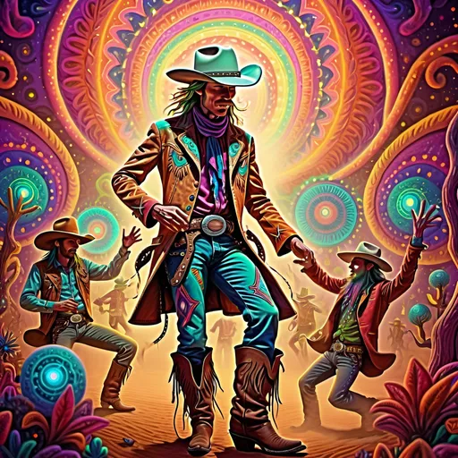 Prompt: Cowboy and DMT Machine elves dancing around cowboy, mystical, vibrant colors, surreal, high quality, digital art, psychedelic, whimsical, glowing patterns, intricate details, energetic atmosphere, otherworldly lighting, vibrant, detailed, psychedelic, whimsical, mystical, digital art, surreal, energetic, vibrant colors, intricate details, high quality