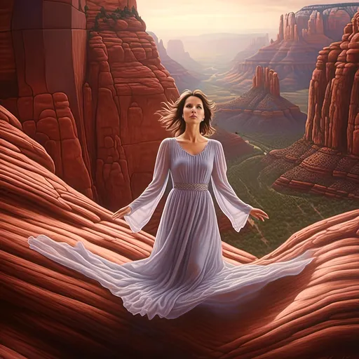 Prompt: <mymodel>Close up of woman levitating over Sedona, dreamy, mysterious, introspective, highres, detailed, ethereal glow, surrealism, mysterious depths, surreal landscape, levitation, detailed facial features, mystical, otherworldly, red rock formations, mystical aura, vibrant colors, high-quality, dream-like, ethereal lighting