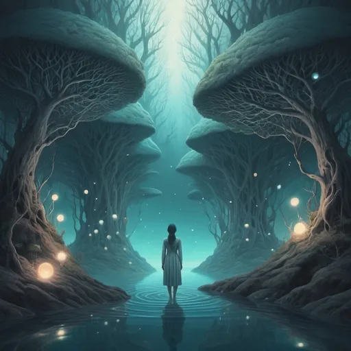 Prompt: Surreal, dreamy illustration of introspective self and mysterious nature, detailed, highres, ethereal glow, surrealism, mysterious depths