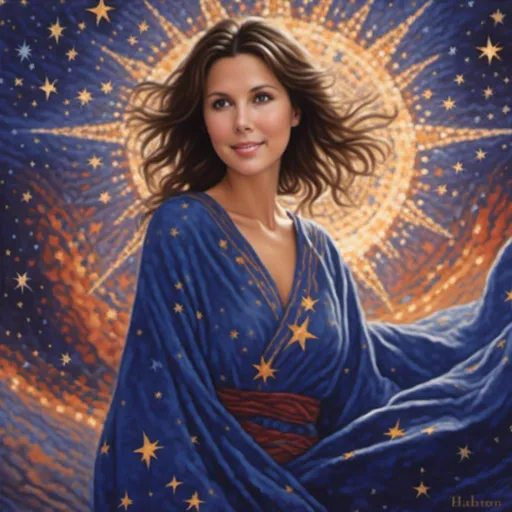Prompt: <mymodel>Celestial female figure in impressionistic artstyle, welcoming, indigo colored robes, rich cobalt blue eyes, star-filled night sky, warm embrace, best quality, psychedelic, celestial, indigo robes, cobalt blue eyes, warm embrace, star-filled sky, welcoming attitude, vibrant colors, detailed features, ethereal lighting