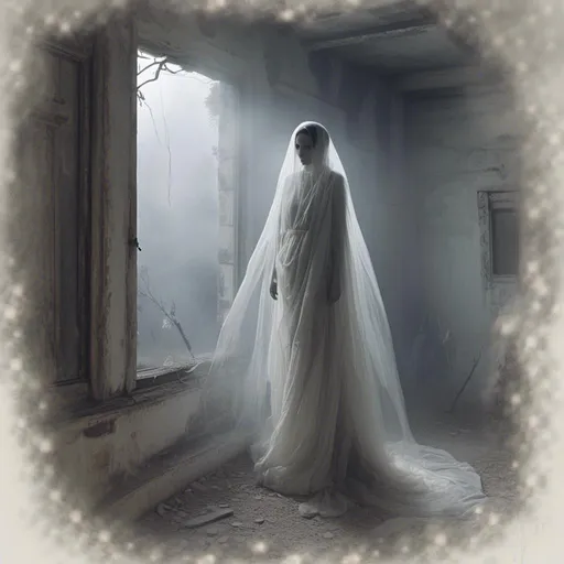 Prompt: <mymodel>Ethereal digital art of a wandering ghost, translucent and haunting presence, eerie mist surrounding, abandoned haunted house in the background, wispy and flowing clothing, hauntingly serene expression, high quality, ethereal, digital, haunting, translucent, misty, abandoned, eerie, flowing, ghostly, detailed clothing, atmospheric lighting