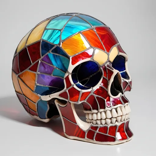 Prompt: colorful stained glass human skull, side view from above