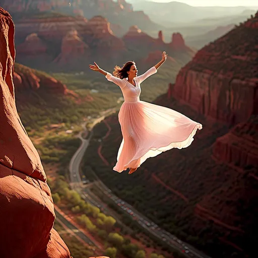 Prompt: <mymodel>Close up of woman levitating, flying over Sedona, dreamy, mysterious, introspective, highres, detailed, ethereal glow, surrealism, mysterious depths, surreal landscape, levitation, detailed facial features, mystical, otherworldly, red rock formations, mystical aura, vibrant colors, high-quality, dream-like, ethereal lighting