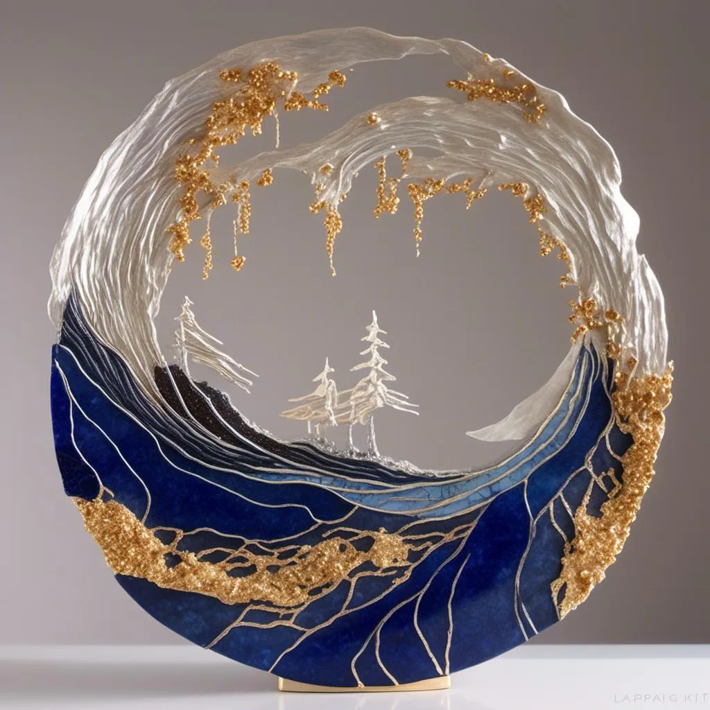 Prompt: <mymodel> Sculpture of Geri and a Perfect circle of intertwining waves of love, lapis, silver and gold Kintsugi, radiant and ethereal, high quality, intricate details, serene and dreamy, artistic rendering, warm and inviting hues, soft glowing light, love waves, Kintsugi art, lapis, silver, gold, radiant, ethereal, high quality, intricate details, dreamy, warm hues, soft light, serene