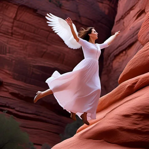 Prompt: <mymodel>Close up of woman levitating, flying over Sedona, dreamy, mysterious, introspective, highres, detailed, ethereal glow, surrealism, mysterious depths, surreal landscape, levitation, detailed facial features, mystical, otherworldly, red rock formations, mystical aura, vibrant colors, high-quality, dream-like, ethereal lighting