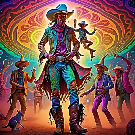 Prompt: Cowboy and DMT Machine elves dancing around cowboy, mystical, vibrant colors, surreal, high quality, digital art, psychedelic, whimsical, glowing patterns, intricate details, energetic atmosphere, otherworldly lighting, vibrant, detailed, psychedelic, whimsical, mystical, digital art, surreal, energetic, vibrant colors, intricate details, high quality