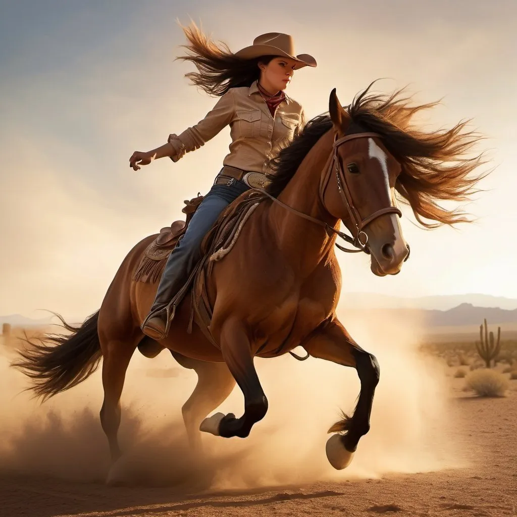 Prompt: Cowgirl riding fast galloping horse, hair flying in wind, horse kicking up dust, sunset in the desert, old American West, high energy, traditional art style, warm tones, dynamic lighting, dusty atmosphere, detailed horse mane and fur, intense action, high quality, traditional art, sunset colors, dynamic compositionSide view, 