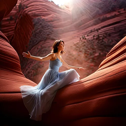 Prompt: <mymodel>Close up of woman levitating over Sedona, dreamy, mysterious, introspective, highres, detailed, ethereal glow, surrealism, mysterious depths, surreal landscape, levitation, detailed facial features, mystical, otherworldly, red rock formations, mystical aura, vibrant colors, high-quality, dream-like, ethereal lighting