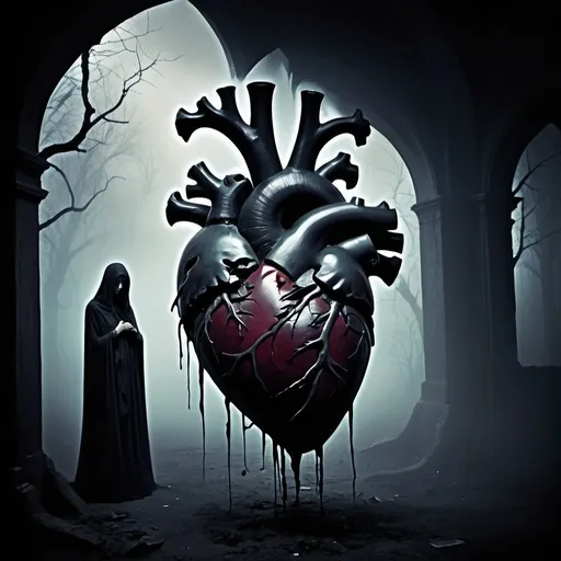 Prompt: Melancholic digital painting of a broken heart, dark and brooding, surreal gothic style, ethereal mist, haunting and ethereal, emotional turmoil, ghostly figures fading in the background, high contrast shadows, deep and moody color palette, best quality, highres, haunting, surreal, gothic, emotional, ethereal, melancholic, ghostly figures, surrealistic, moody lighting, surreal atmosphere