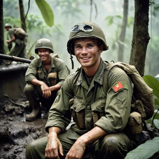 Prompt: American soldier Vietnam, jungle backdrop, basecamp, reclining, other soldiers, short hair, muddy boots, relaxed, boyish smile, hint of pain, facial expression, military uniform, realistic, intense, high quality, atmospheric lighting