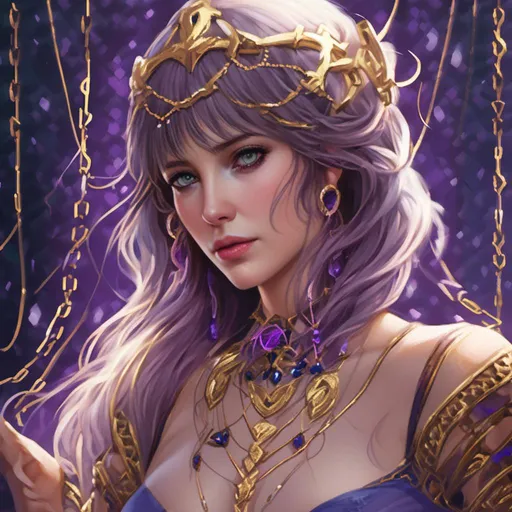 Prompt: <mymodel>Female with mind-forged manacles, kintsugi, gold and lapis details, purple theme, high quality, surreal art, detailed facial features, ethereal lighting, gold and purple tones, artistic rendering, serene expression, intricate kintsugi patterns, delicate chains, mystical atmosphere