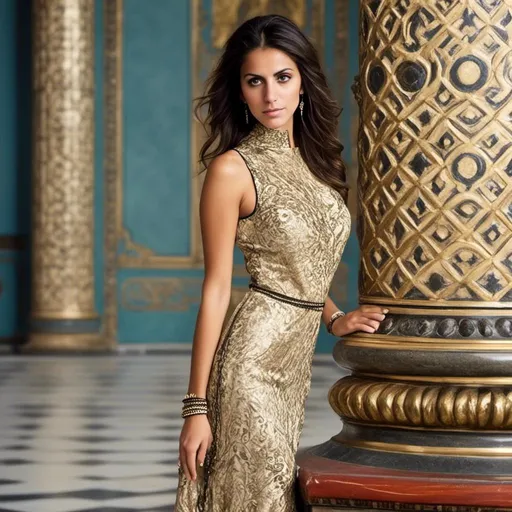 Prompt: <mymodel> (Sensual portraits by Gustav Klimt, by Helmut Newton:1.5), a captivating Persian beauty, kohl eyeliner, Minoo, in a fitted qipao dress, leans against a marble column, kohl eyeliner, her posture confident and poised. (Full body view, regal background:1.4)


