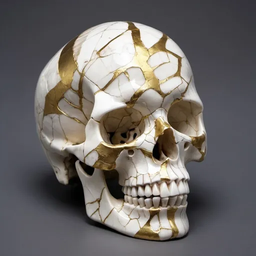Prompt: fractured alabaster skull, reparied with gold, silver Kintsugi