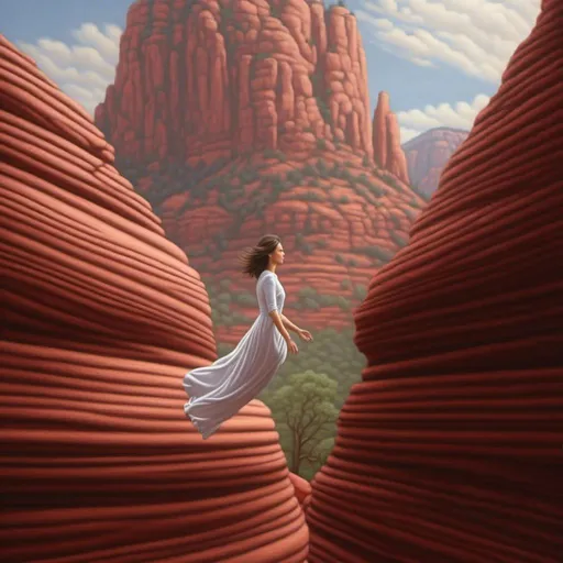 Prompt: <mymodel>close up of woman levitating over Sedona Red Rock, dreamy, mysterious, introspective, highres, detailed, ethereal glow, surrealism, mysterious depths