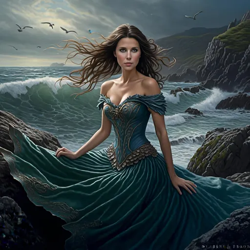 Prompt: <mymodel>Siren on rocky shore, crashing waves, alluring singing, detailed hair and scales, mythical creature, highres, captivating, enchanting, oceanic hues, dramatic lighting, fantasy art, detailed eyes, professional, atmospheric lighting