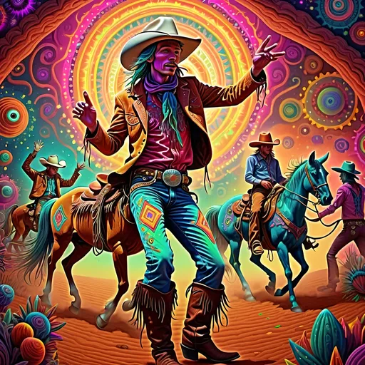 Prompt: Cowboy and DMT Machine elves dancing around cowboy, mystical, vibrant colors, surreal, high quality, digital art, psychedelic, whimsical, glowing patterns, intricate details, energetic atmosphere, otherworldly lighting, vibrant, detailed, psychedelic, whimsical, mystical, digital art, surreal, energetic, vibrant colors, intricate details, high quality