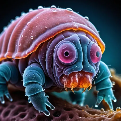 Prompt: Microscopic photo of resilient tardigrades, high magnification, detailed water droplets, vibrant color contrast, high definition, scientific illustration, realistic style, detailed claws and body texture, microscopic, resilient, high magnification, vibrant colors, high definition, scientific, realistic style, water droplets, detailed claws, detailed body texture, microscopic photo