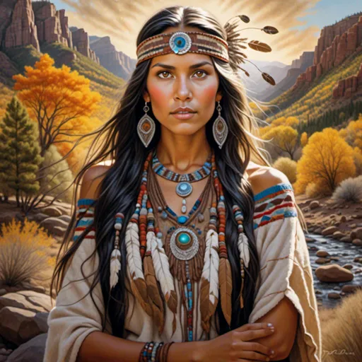 Prompt: <mymodel>Native American woman,  spirit guardian of the land, overseeing the land's bounty, ethereal and majestic, traditional mixed media, flowing tribal dress, vibrant and earthy colors, mystical atmosphere, detailed and piercing eyes, spiritual connection with nature, high quality, detailed, traditional, earthy tones, mystical lighting