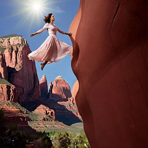 Prompt: <mymodel>Close up of woman levitating, flying over Sedona, dreamy, mysterious, introspective, highres, detailed, ethereal glow, surrealism, mysterious depths, surreal landscape, levitation, detailed facial features, mystical, otherworldly, red rock formations, mystical aura, vibrant colors, high-quality, dream-like, ethereal lighting