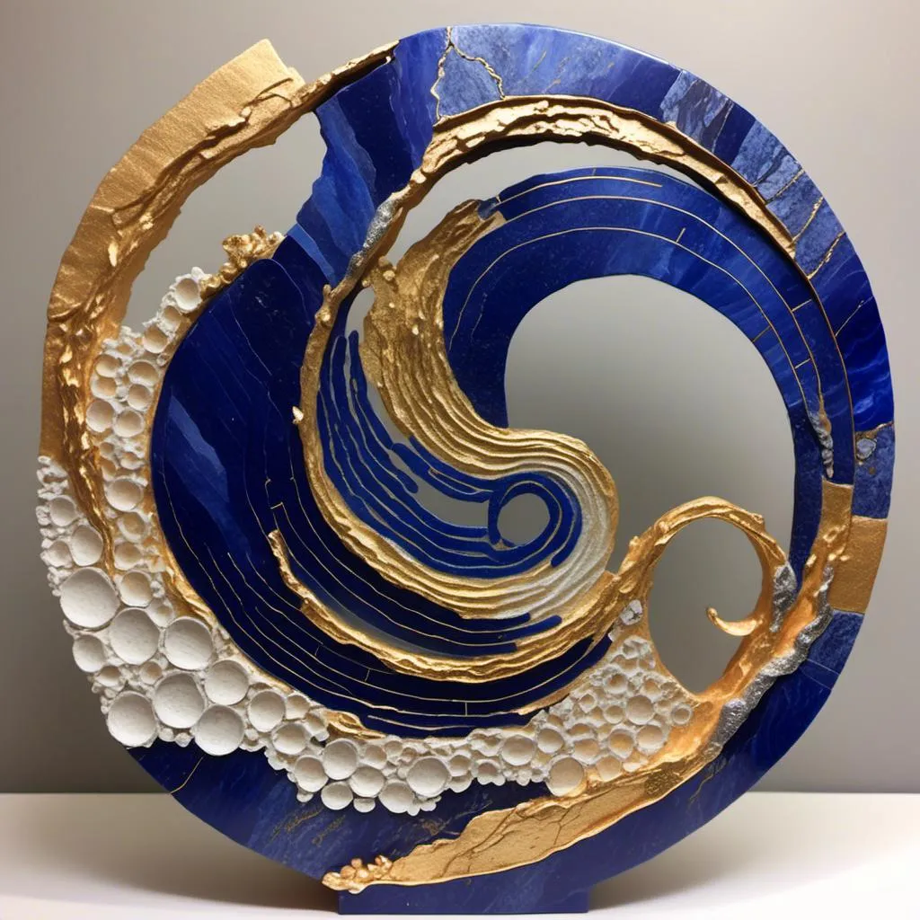 Prompt: <mymodel> Sculpture of Geri and a Perfect circle of intertwining waves of love, lapis, silver and gold Kintsugi, radiant and ethereal, high quality, intricate details, serene and dreamy, artistic rendering, warm and inviting hues, soft glowing light, love waves, Kintsugi art, lapis, silver, gold, radiant, ethereal, high quality, intricate details, dreamy, warm hues, soft light, serene