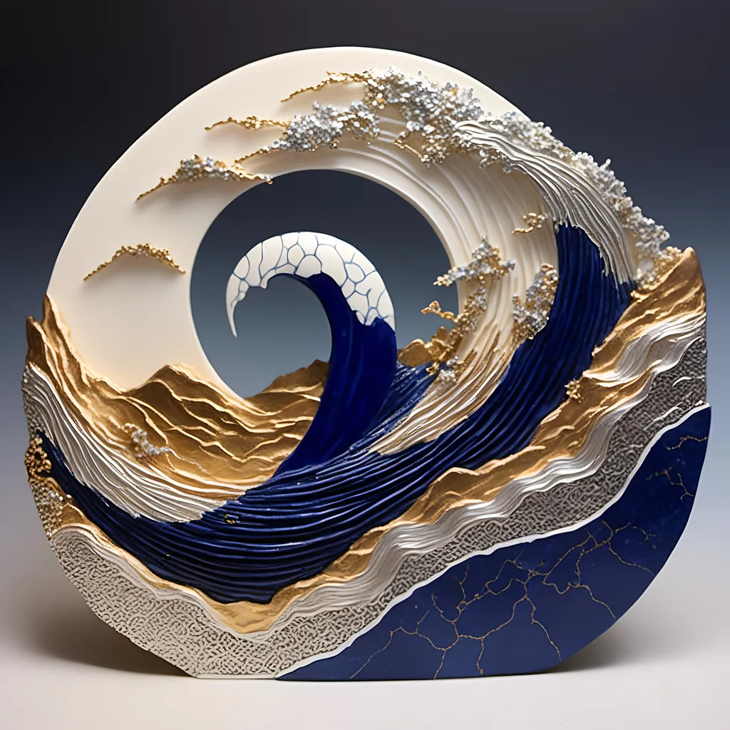 Prompt: <mymodel> Sculpture of Geri and a Perfect circle of intertwining waves of love, lapis, silver and gold Kintsugi, radiant and ethereal, high quality, intricate details, serene and dreamy, artistic rendering, warm and inviting hues, soft glowing light, love waves, Kintsugi art, lapis, silver, gold, radiant, ethereal, high quality, intricate details, dreamy, warm hues, soft light, serene